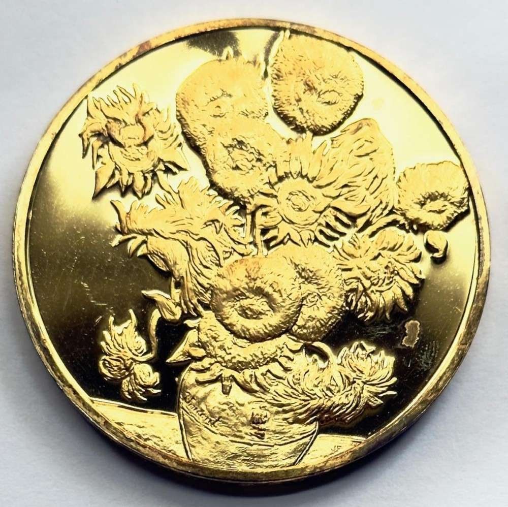 Vintage Franklin Mint "Sunflowers" 24kt Gold/Sterling Silver 2.32 ozt: Winner shall receive the exact medal shown here. This medal is from the Franklin Mint's 100 Greatest Masterpieces collection. (SJ/B)