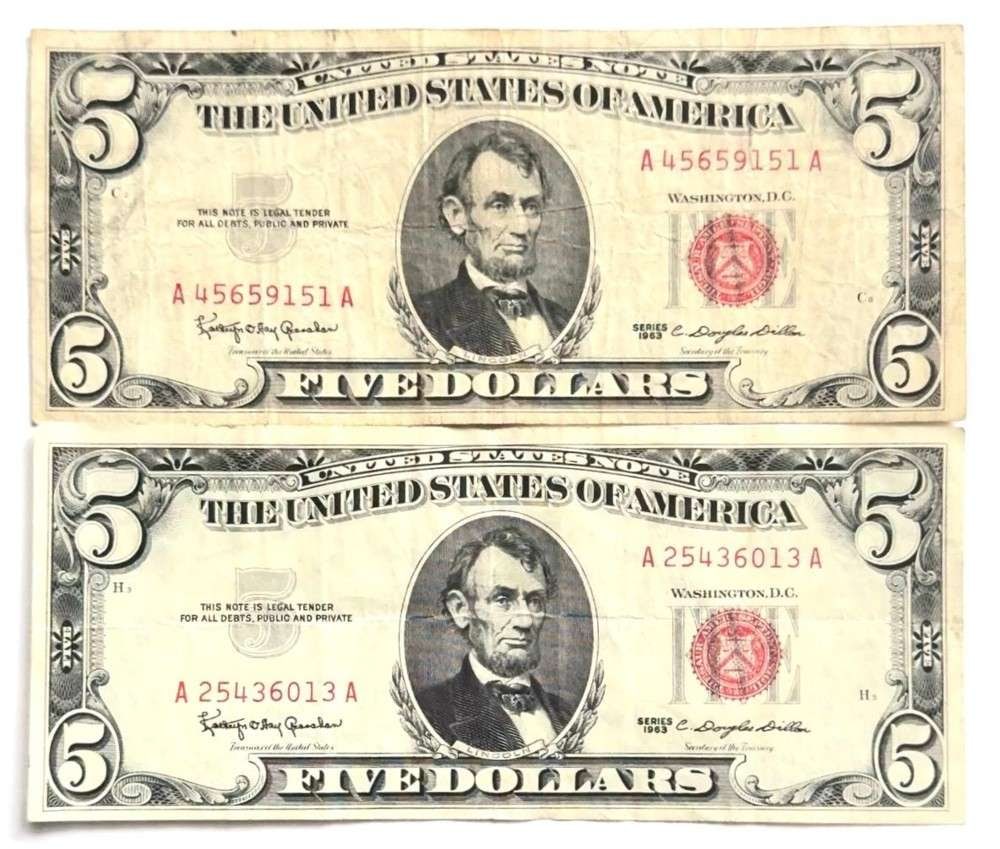 (2) 1963 United States $5 Five Dollar Red Seal Bank Notes (1 of 3)