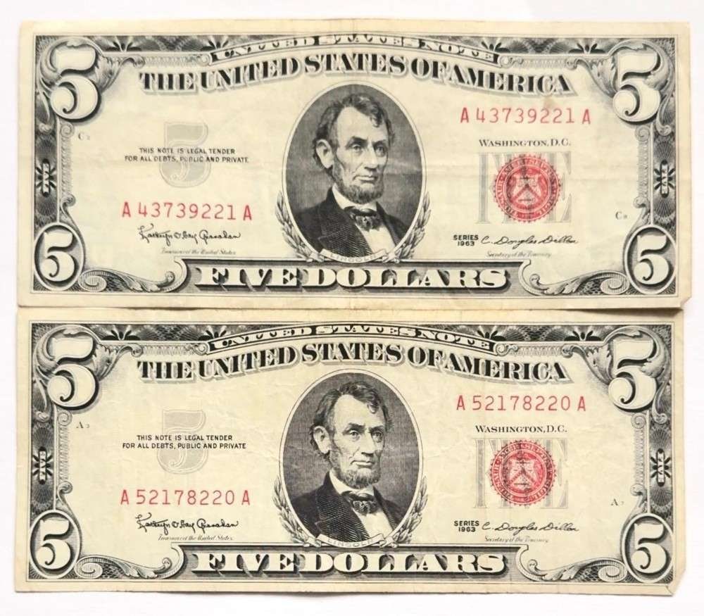 (2) 1963 United States $5 Five Dollar Red Seal Bank Notes (1 of 3)