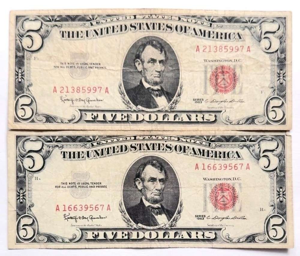 (2) 1963 United States $5 Five Dollar Red Seal Bank Notes (1 of 3)