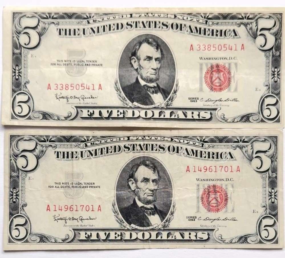 (2) 1963 United States $5 Five Dollar Red Seal Bank Notes (1 of 3)