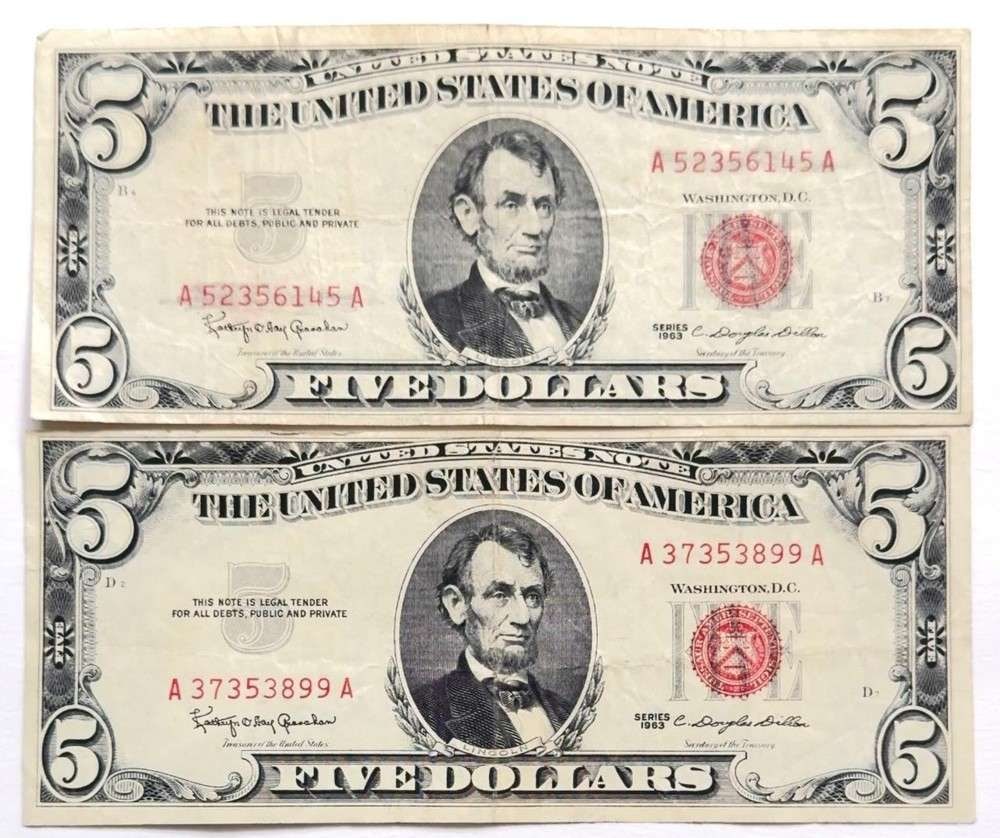(2) 1963 United States $5 Five Dollar Red Seal Bank Notes (1 of 3)