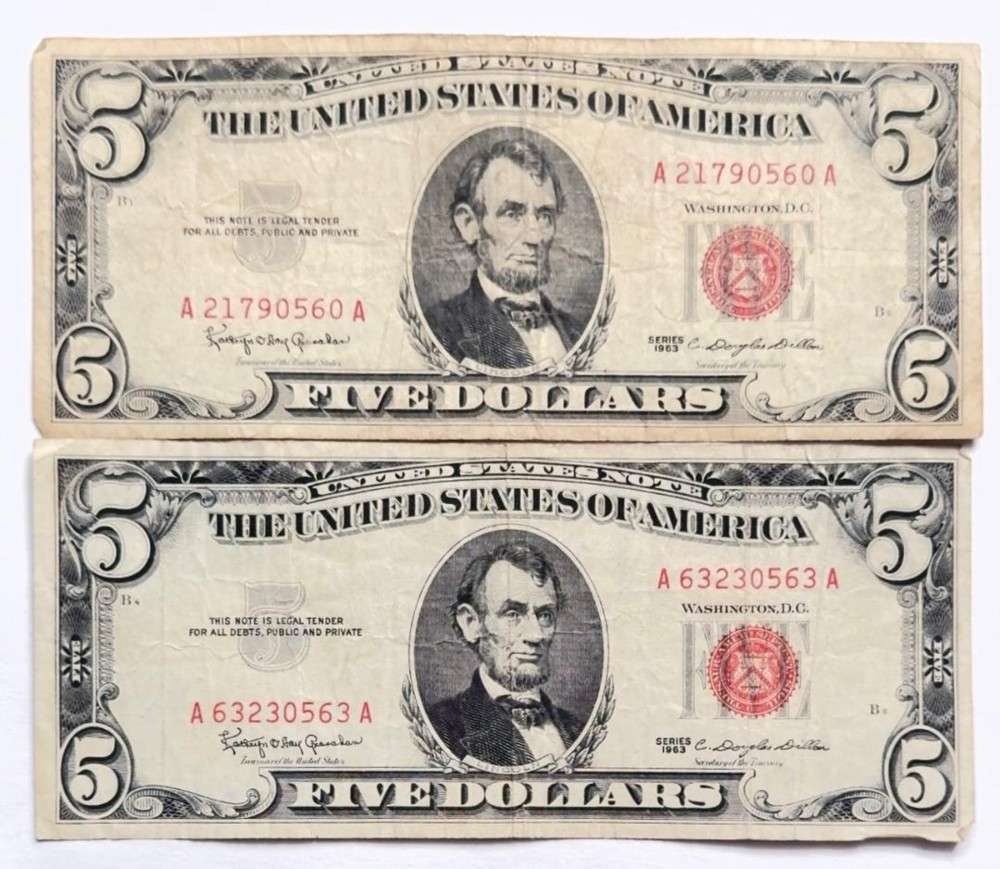 (2) 1963 United States $5 Five Dollar Red Seal Bank Notes (1 of 3)