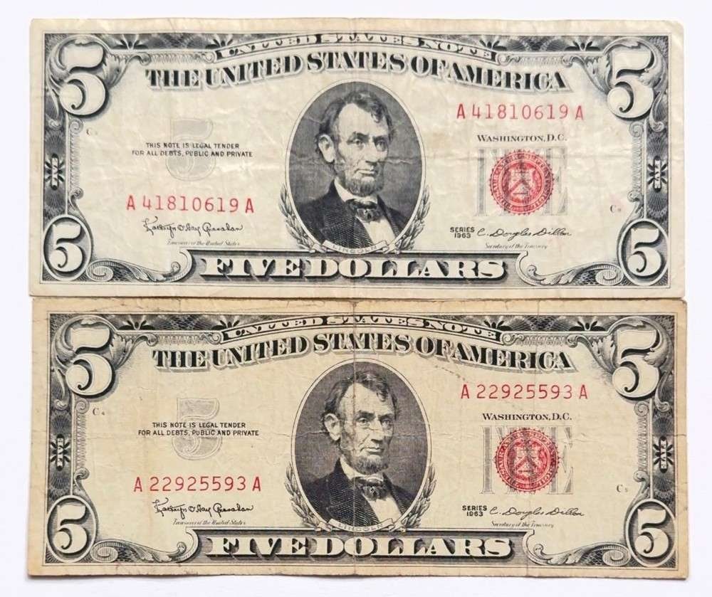 (2) 1963 United States $5 Five Dollar Red Seal Bank Notes (1 of 3)
