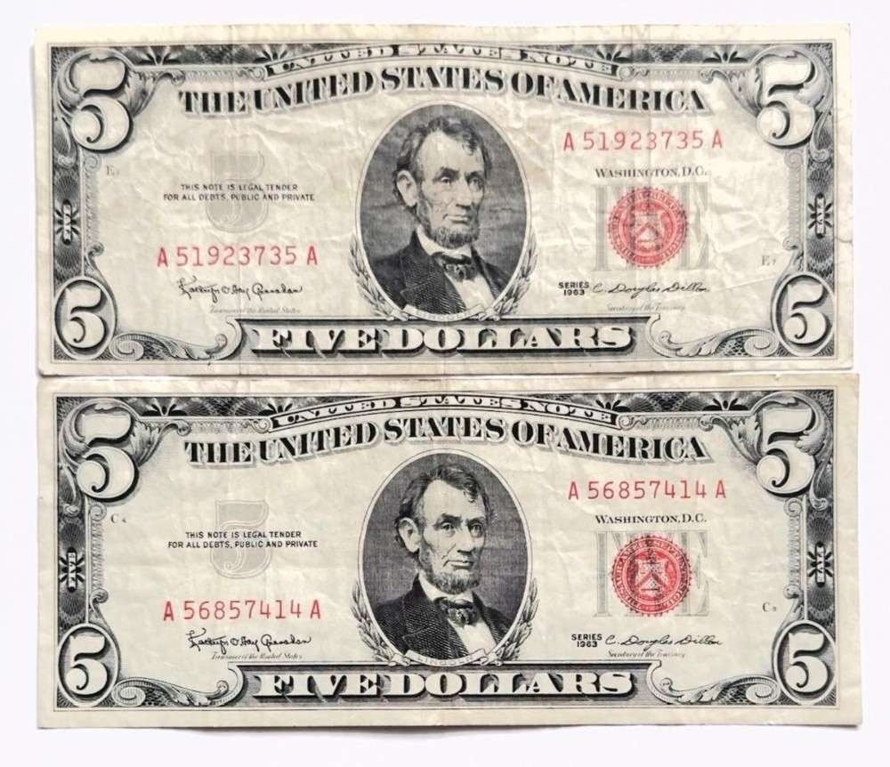 (2) 1963 United States $5 Five Dollar Red Seal Bank Notes (1 of 3)