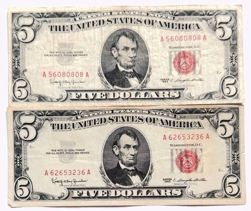 (2) 1963 United States $5 Five Dollar Red Seal Bank Notes (1 of 3)