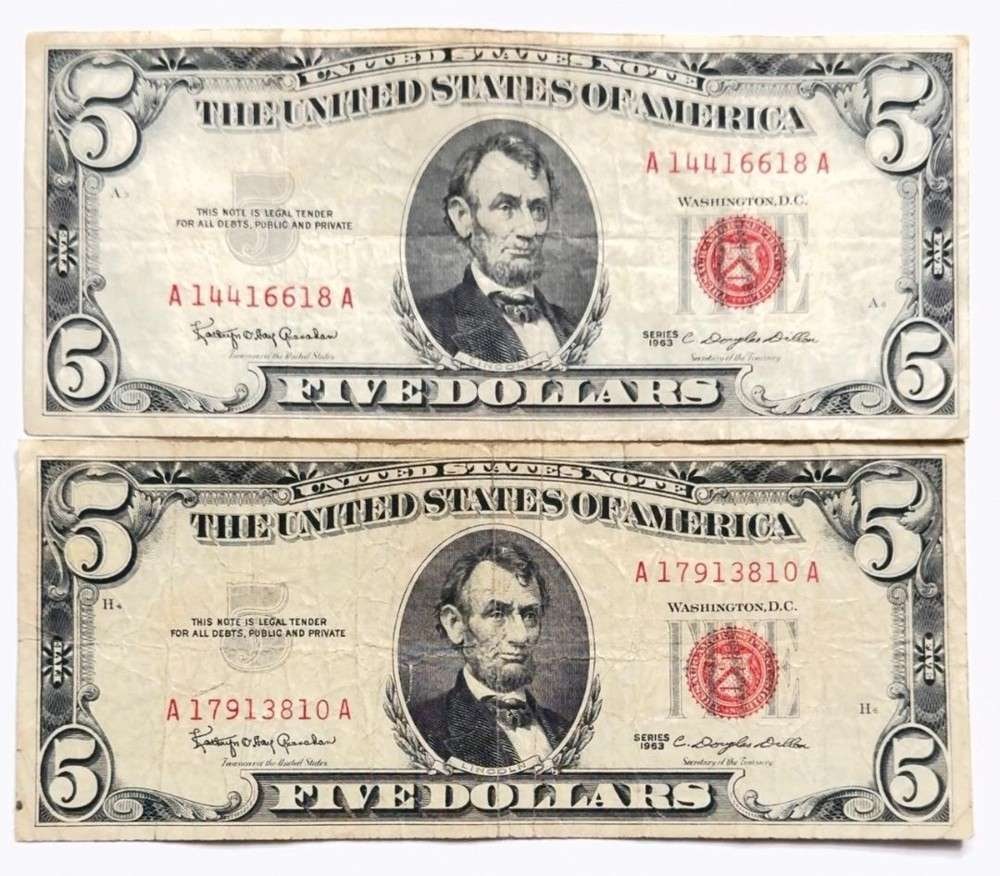 (2) 1963 United States $5 Five Dollar Red Seal Bank Notes (1 of 3)