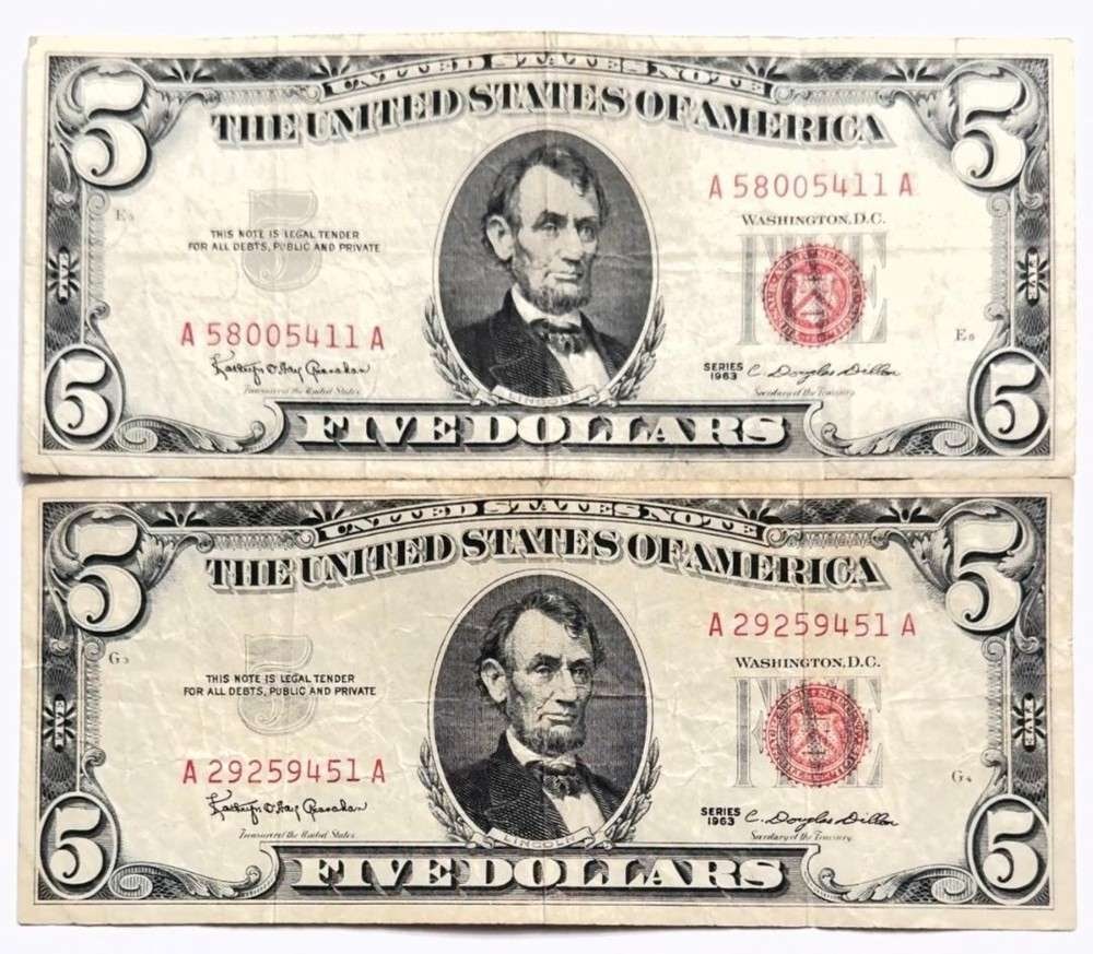 (2) 1963 United States $5 Five Dollar Red Seal Bank Notes (1 of 3)