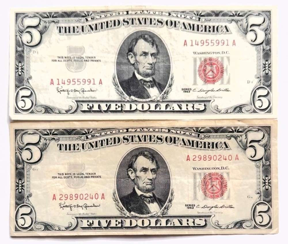 (2) 1963 United States $5 Five Dollar Red Seal Bank Notes (1 of 3)