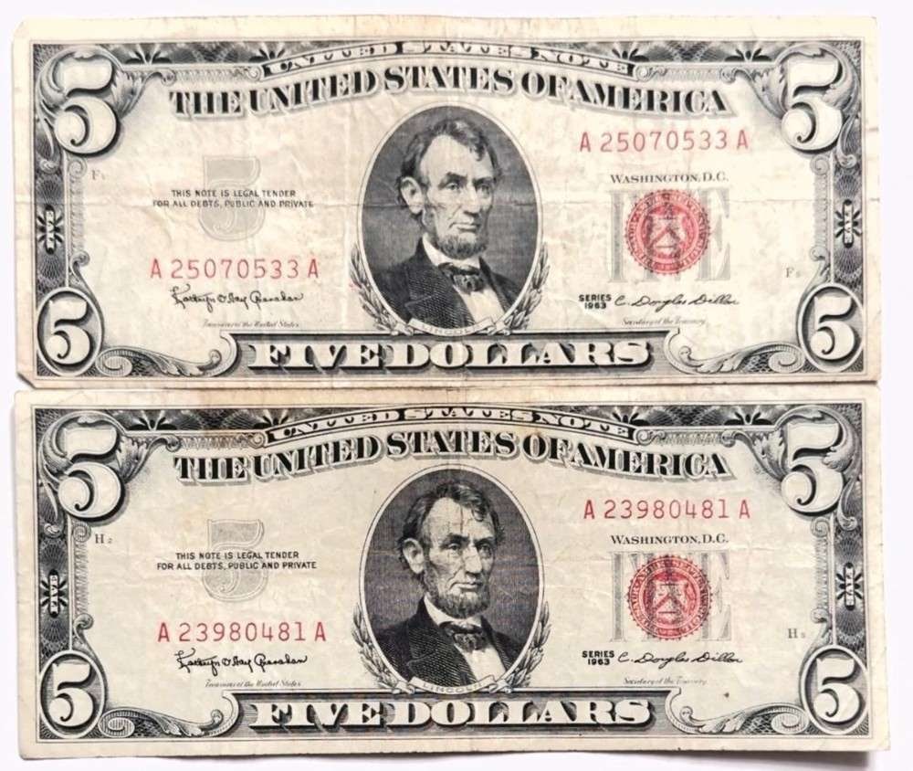 (2) 1963 United States $5 Five Dollar Red Seal Bank Notes (1 of 3)