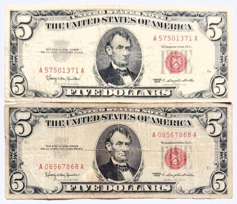 (2) 1963 United States $5 Five Dollar Red Seal Bank Notes (1 of 3)