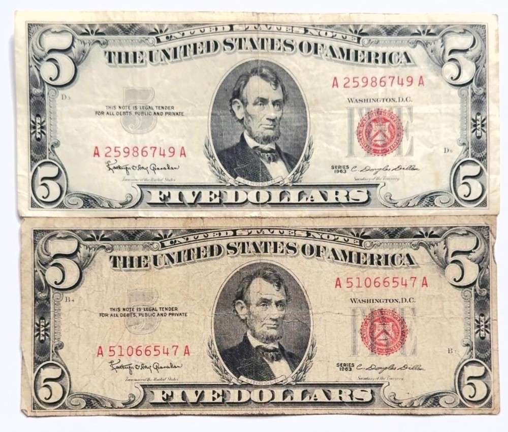 (2) 1963 United States $5 Five Dollar Red Seal Bank Notes (1 of 3)