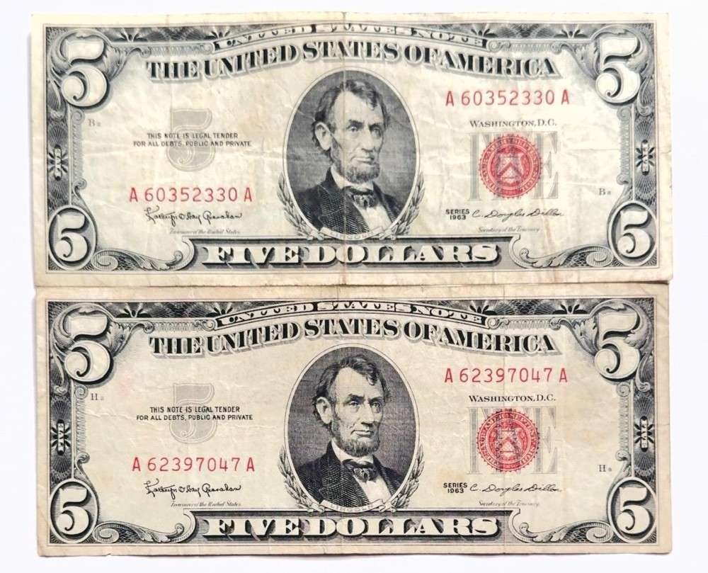 (2) 1963 United States $5 Five Dollar Red Seal Bank Notes (1 of 3)