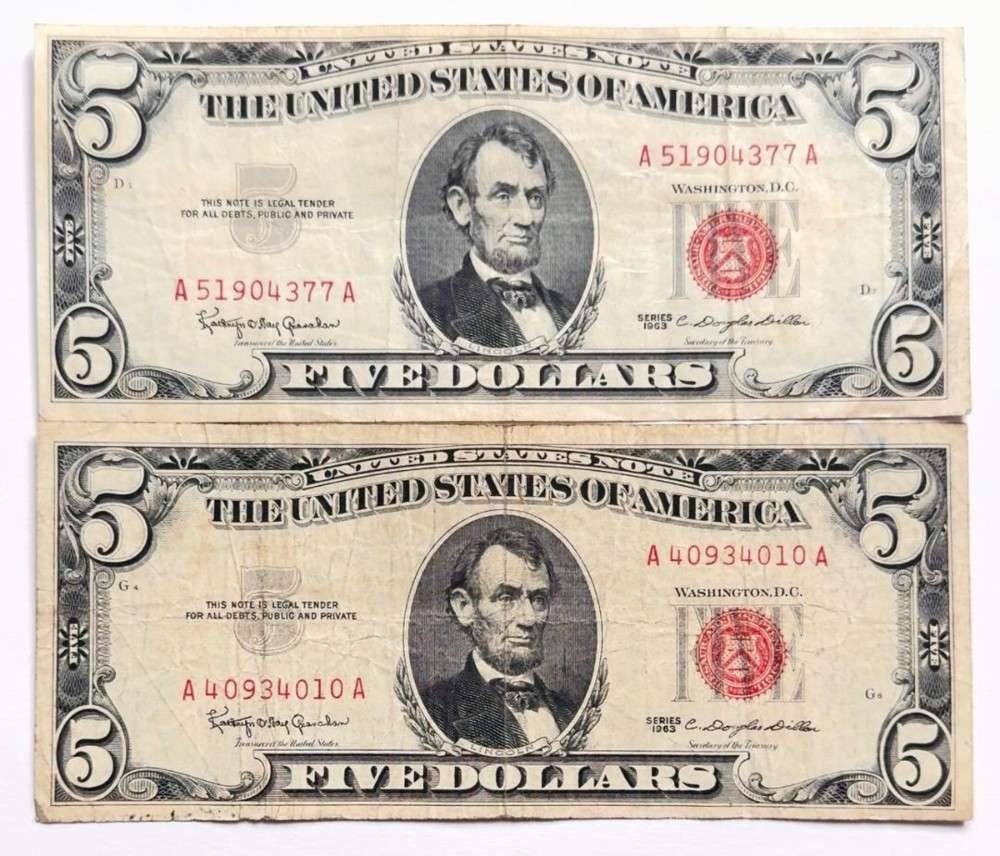 (2) 1963 United States $5 Five Dollar Red Seal Bank Notes (1 of 3)