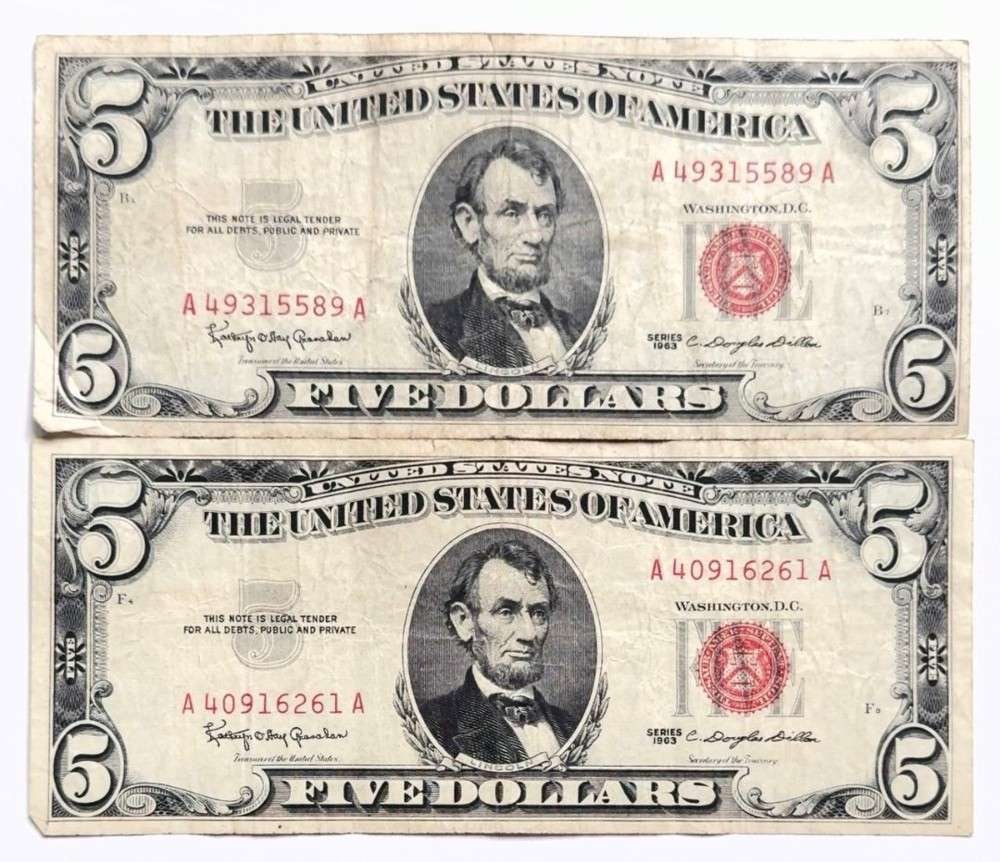 (2) 1963 United States $5 Five Dollar Red Seal Bank Notes (1 of 3)