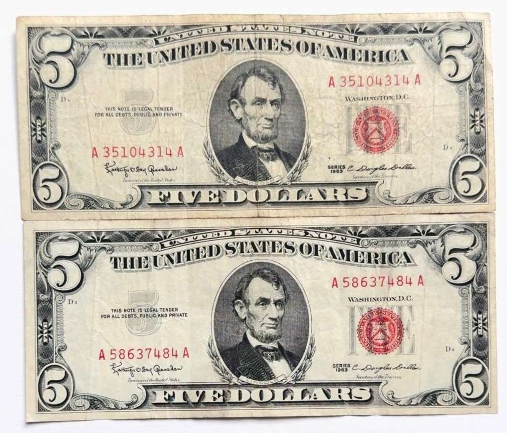 (2) 1963 United States $5 Five Dollar Red Seal Bank Notes (1 of 3)