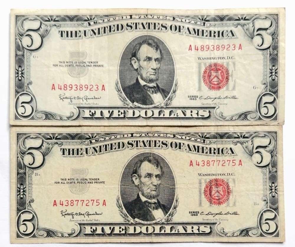 (2) 1963 United States $5 Five Dollar Red Seal Bank Notes (1 of 3)