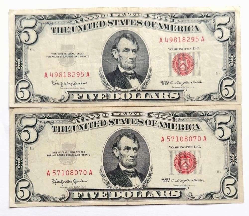 (2) 1963 United States $5 Five Dollar Red Seal Bank Notes (1 of 3)