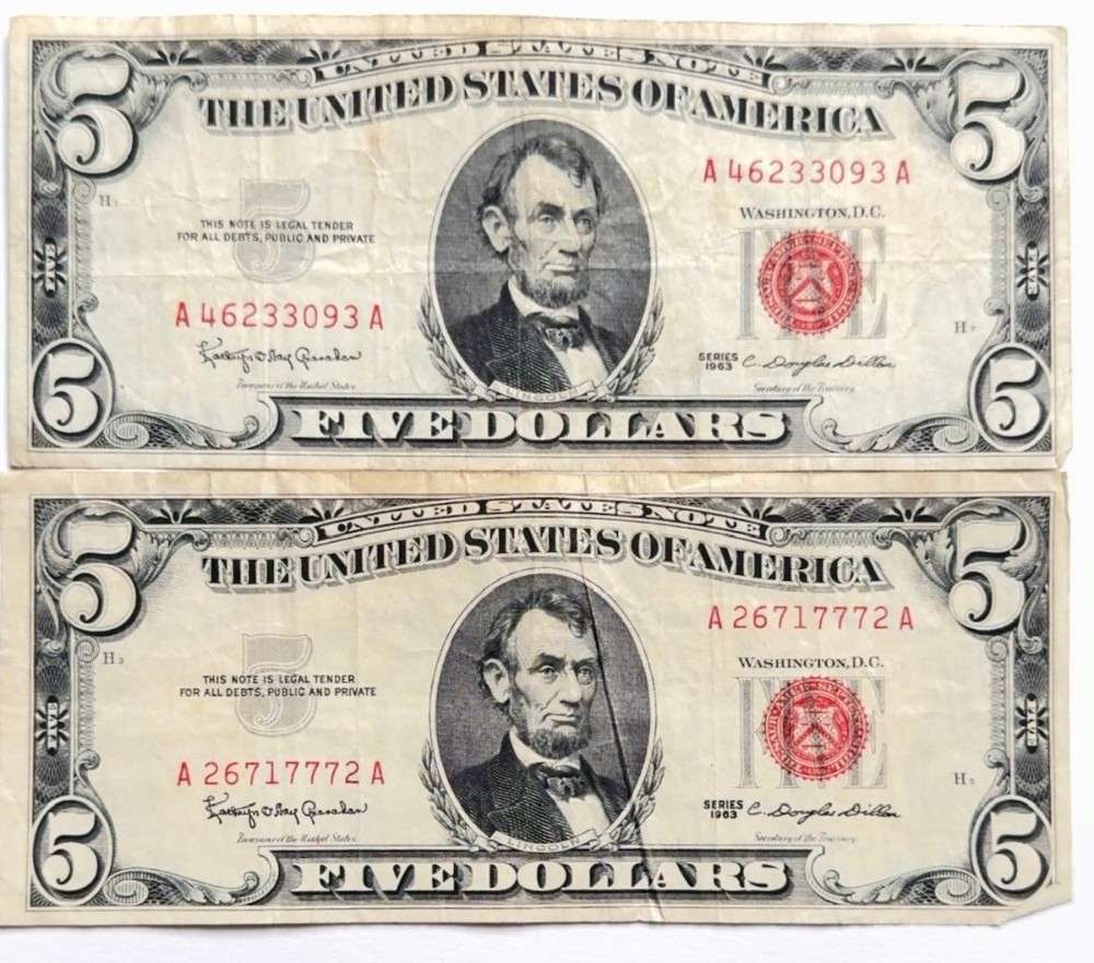 (2) 1963 United States $5 Five Dollar Red Seal Bank Notes (1 of 3)