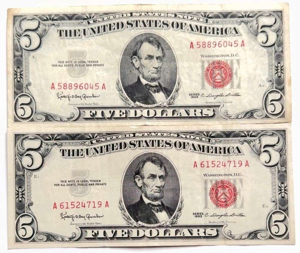 (2) 1963 United States $5 Five Dollar Red Seal Bank Notes (1 of 3)
