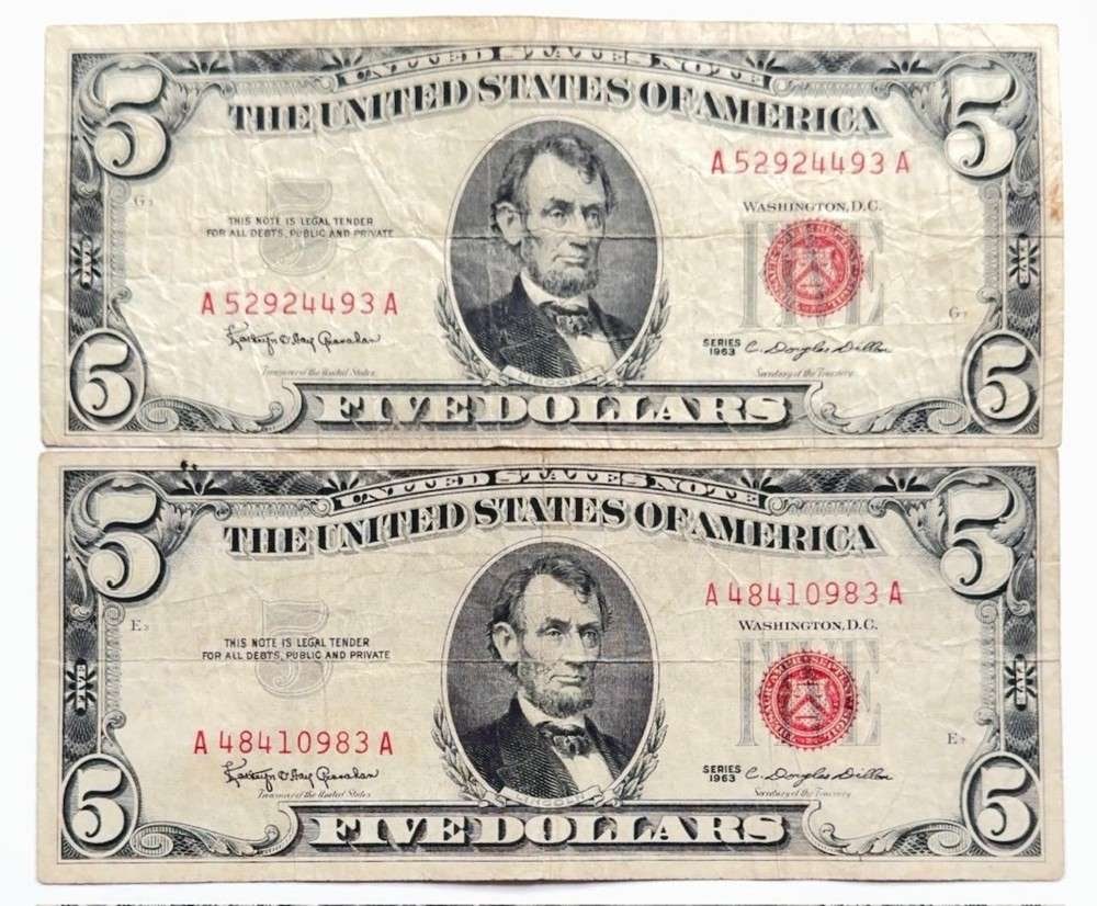 (2) 1963 United States $5 Five Dollar Red Seal Bank Notes (1 of 3)