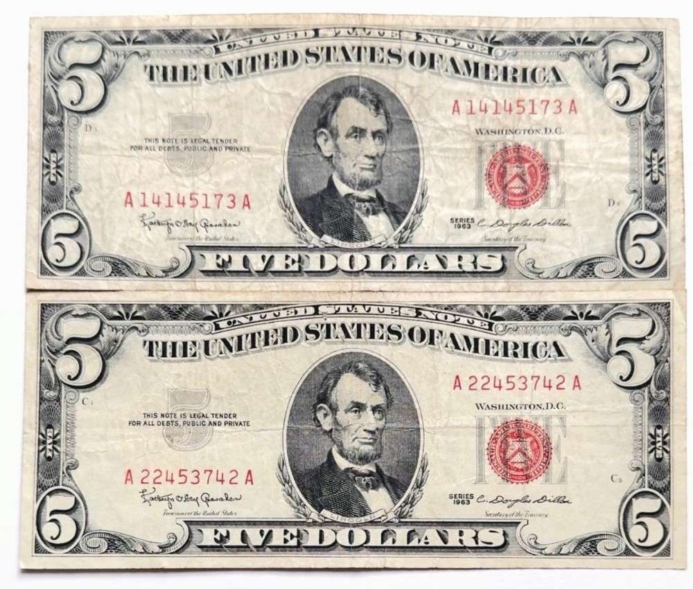 (2) 1963 United States $5 Five Dollar Red Seal Bank Notes (1 of 3)