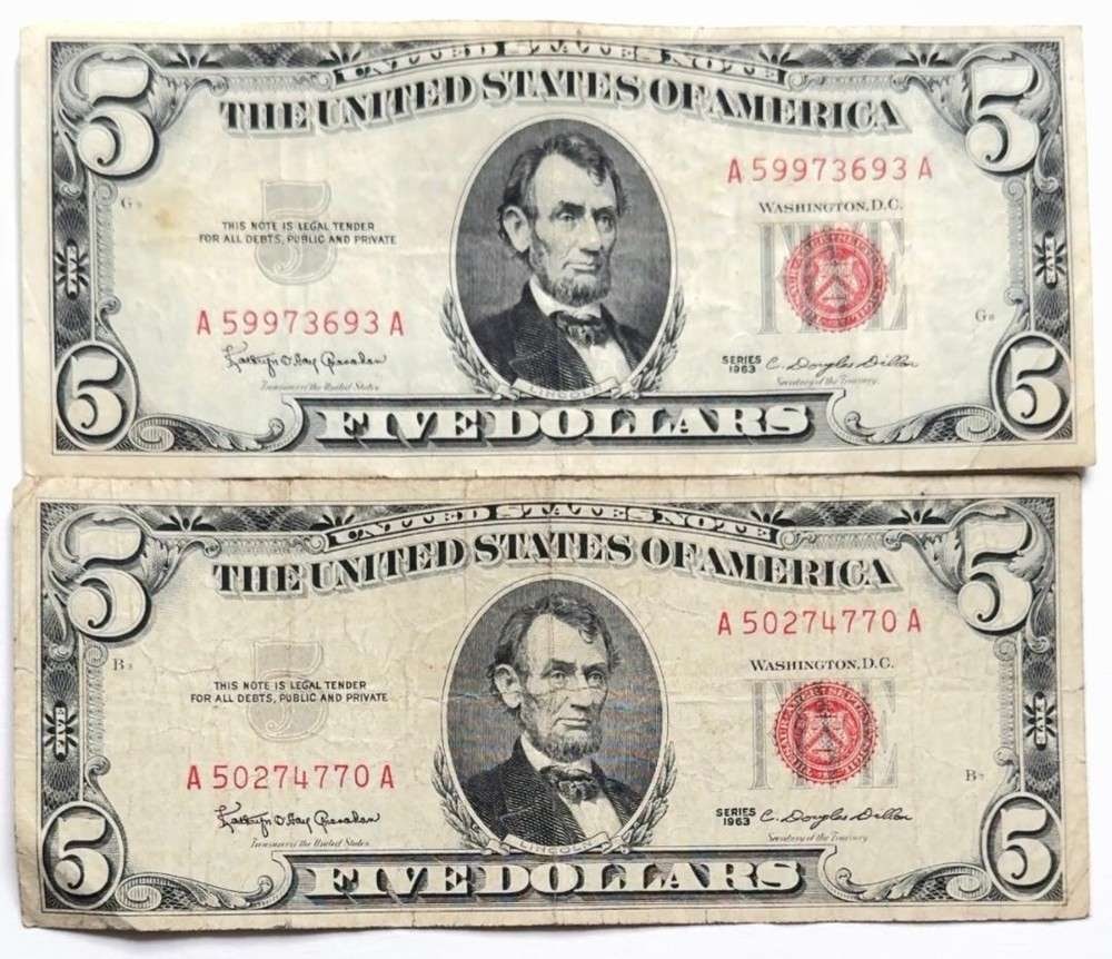 (2) 1963 United States $5 Five Dollar Red Seal Bank Notes (1 of 3)