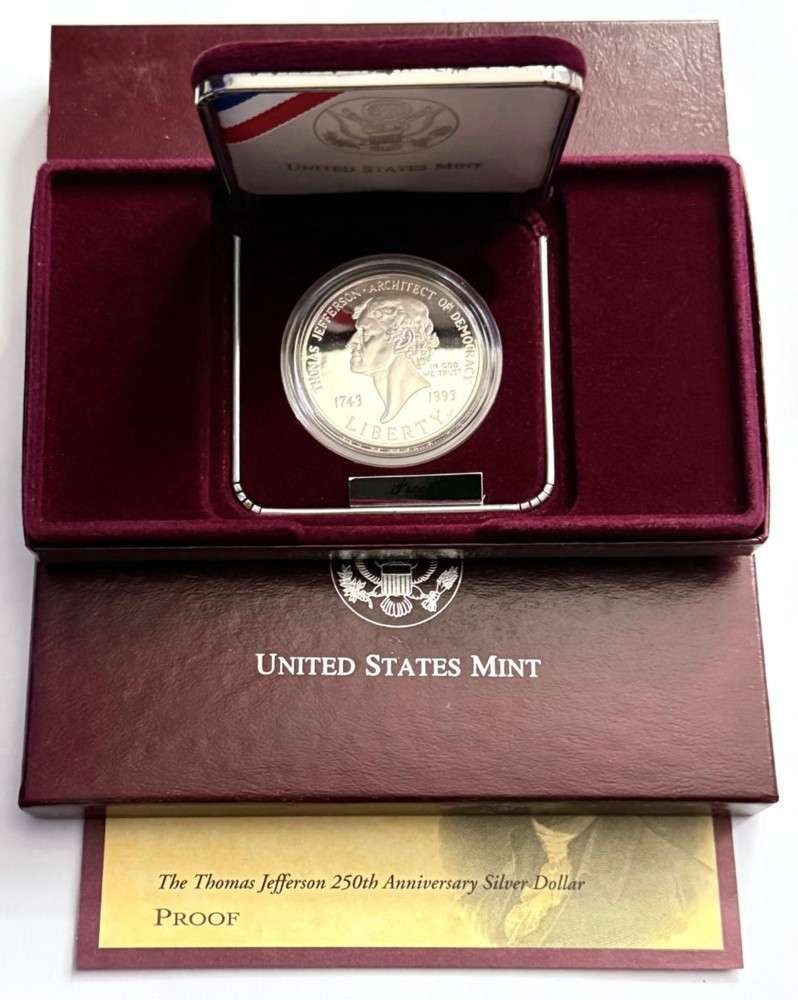 1993 U.S. Mint Thomas Jefferson 250th Anniversary Commemorative Proof Silver Dollar (1 of 5)