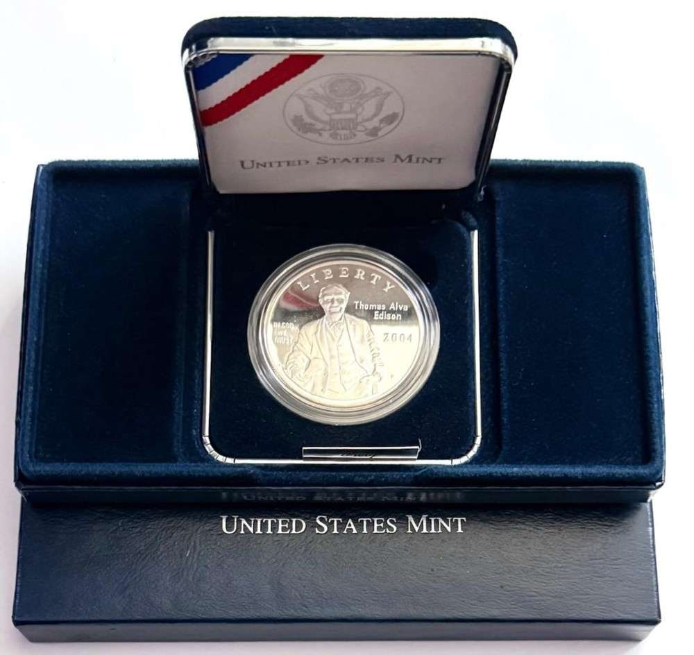 2004 U.S. Mint Thomas Alva Edison Commemorative Proof Silver Dollar - No COA: Winner shall receive the exact coin shown here. No COA or sleeve. (SJ/B)
