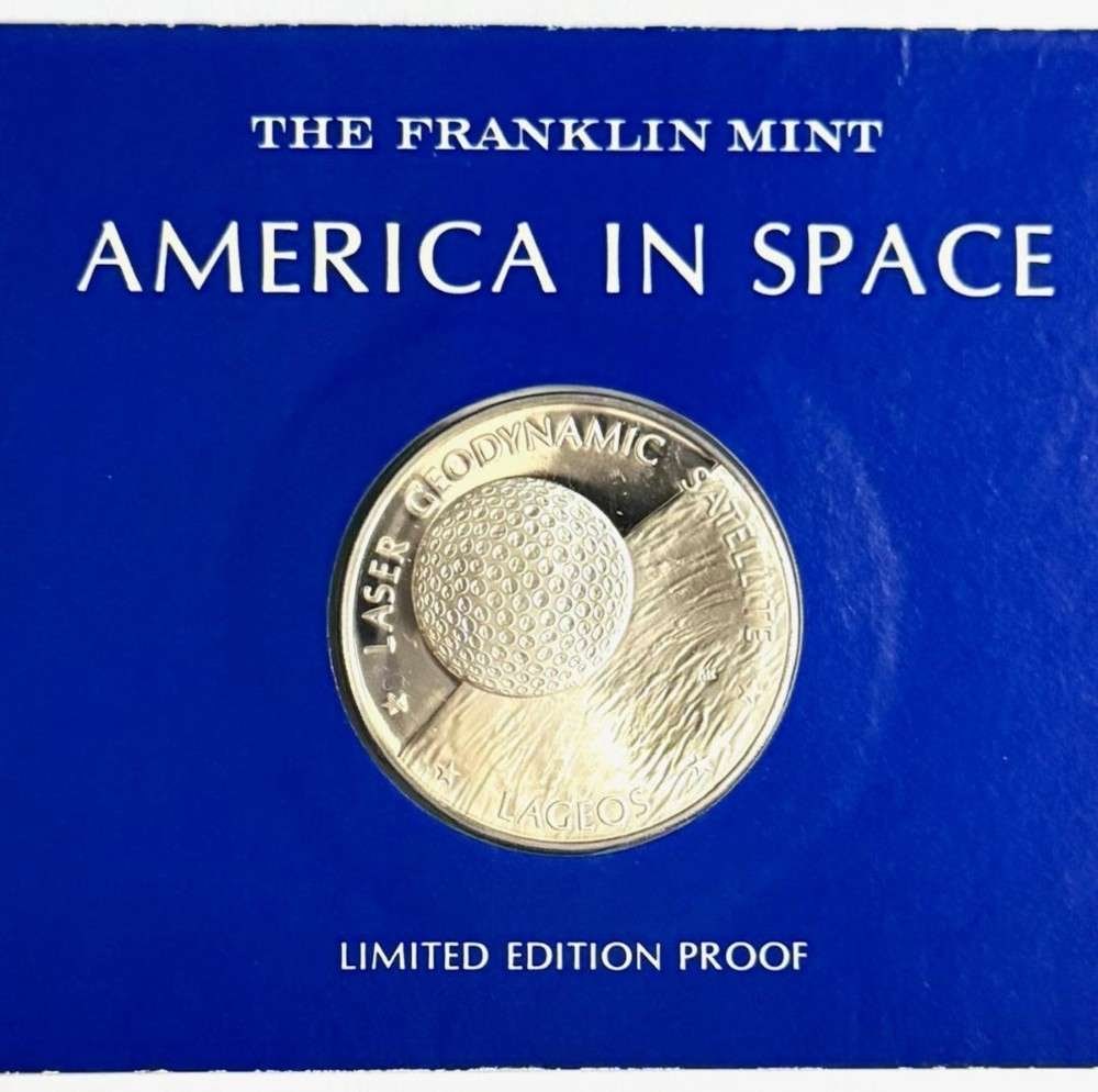 Franklin Mint "Laser Geodynamic Satellite" Limited Edition Proof .7353 ozt ASW .925 Silver: Winner shall receive the exact medal shown here. (SJ/B)