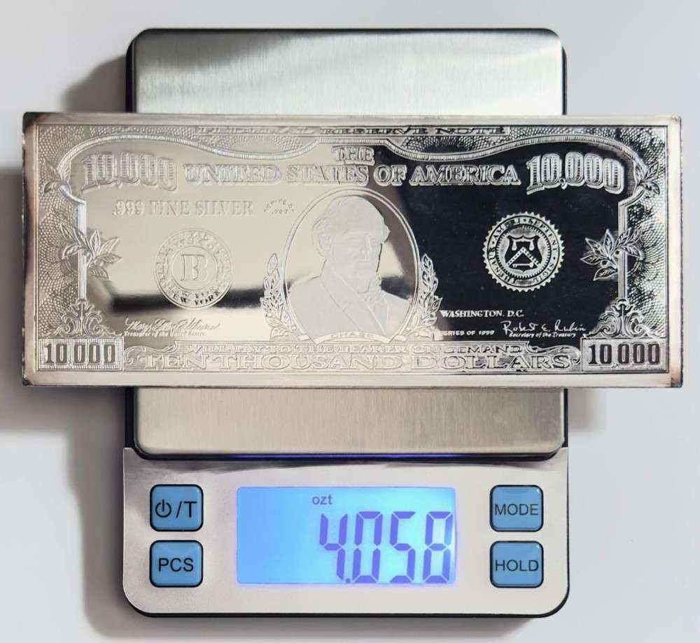 1999 Salmon P. Chase U.S. $10,000 Federal Reserve Note Design 4.058 ozt .999 Silver: Winner shall receive the exact bar shown here. (SJ/B)