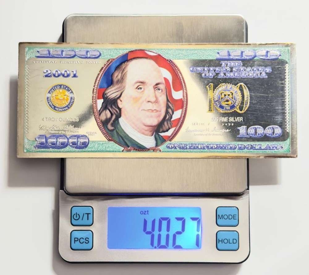 2001 Ben Franklin U.S. $100 Colorized Federal Reserve Note Design 4.027 ozt .999 Silver: Winner shall receive the exact bar shown here. (SJ/B)