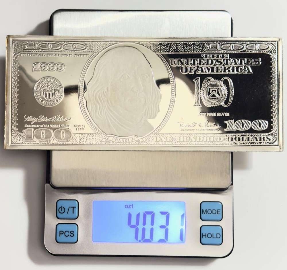 1999 Ben Franklin U.S. $100 Federal Reserve Note Design 4.031 ozt .999 Silver: Winner shall receive the exact bar shown here. (SJ/B)