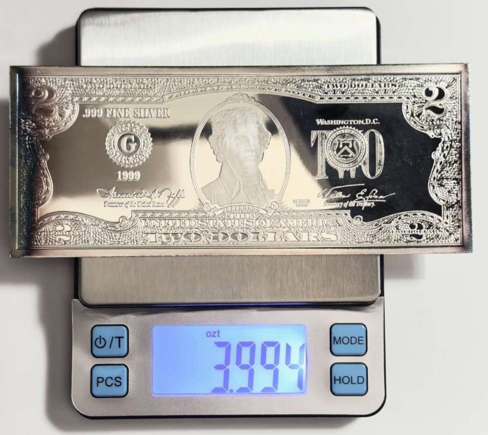 1999 U.S. $2 Federal Reserve Note Design 3.994 ozt .999 Silver: Winner shall receive the exact bar shown here. (SJ/B)