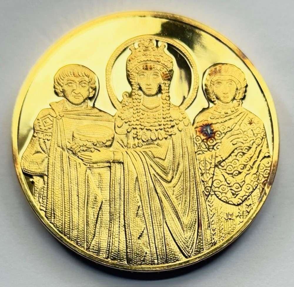Franklin Mint "Theodora and her Attendants" 24Kt Gold Plated 2.35 ozt .925 Silver: Winner shall receive the exact medal shown here. This medal is from the Franklin Mint's 100 Greatest Masterpieces set. (SJ/B)