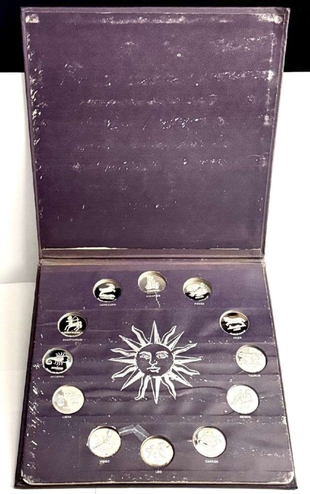 Vintage 1970 Danbury Mint Beckton Zodiac APPROX. 10.2 ozt Proof Sterling Silver Collection: Winner shall receive the exact (12-medal) set shown here. (SJ/B)