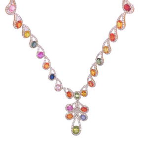 14kt YG Multi-colored Sapphire Necklace: This necklace features a dazzling display of sapphires and diamonds. The pendant is made of 14kt yellow gold and features a total of 24.44 cts of multi-colored sapphires, while the necklace features