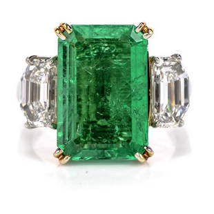 GIA 4.91CT EMERALD DIAMOND 3 STONE PLATINUM ENGAGEMENT COCKTAIL RING: Elegant 4.91 ct Emerald and Diamond Cocktail Engagement ring. Flanking either side are two Modified Shield step cut Diamonds weighing 0.93 carats and 0.92 carats cumulatively 1.85 carats and are