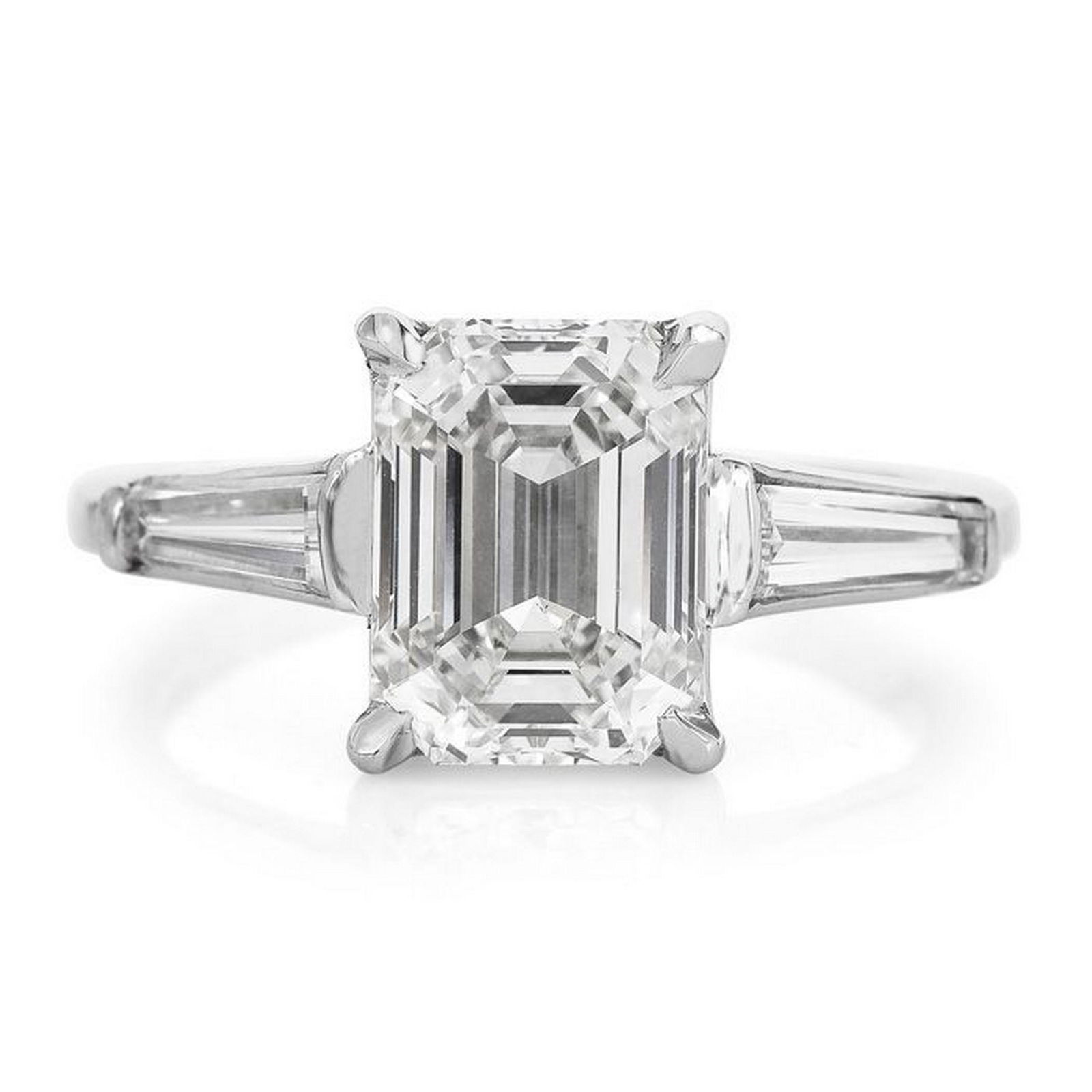 3.41CTS GIA EMERALD-CUT DIAMOND BAGUETTE PLATINUM ENGAGEMENT RING: This beautiful classic diamond engagement ring is crafted in solid platinum. 3.06, J color, VS1 clarity, GIA Graded, prong set. The center stone is accented with 2 genuine baguette-cut diamonds approx