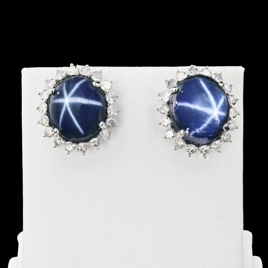 18.90ctw Star Sapphire 1.39ctw Diamond 14K White Gold Earrings (1 of 3)