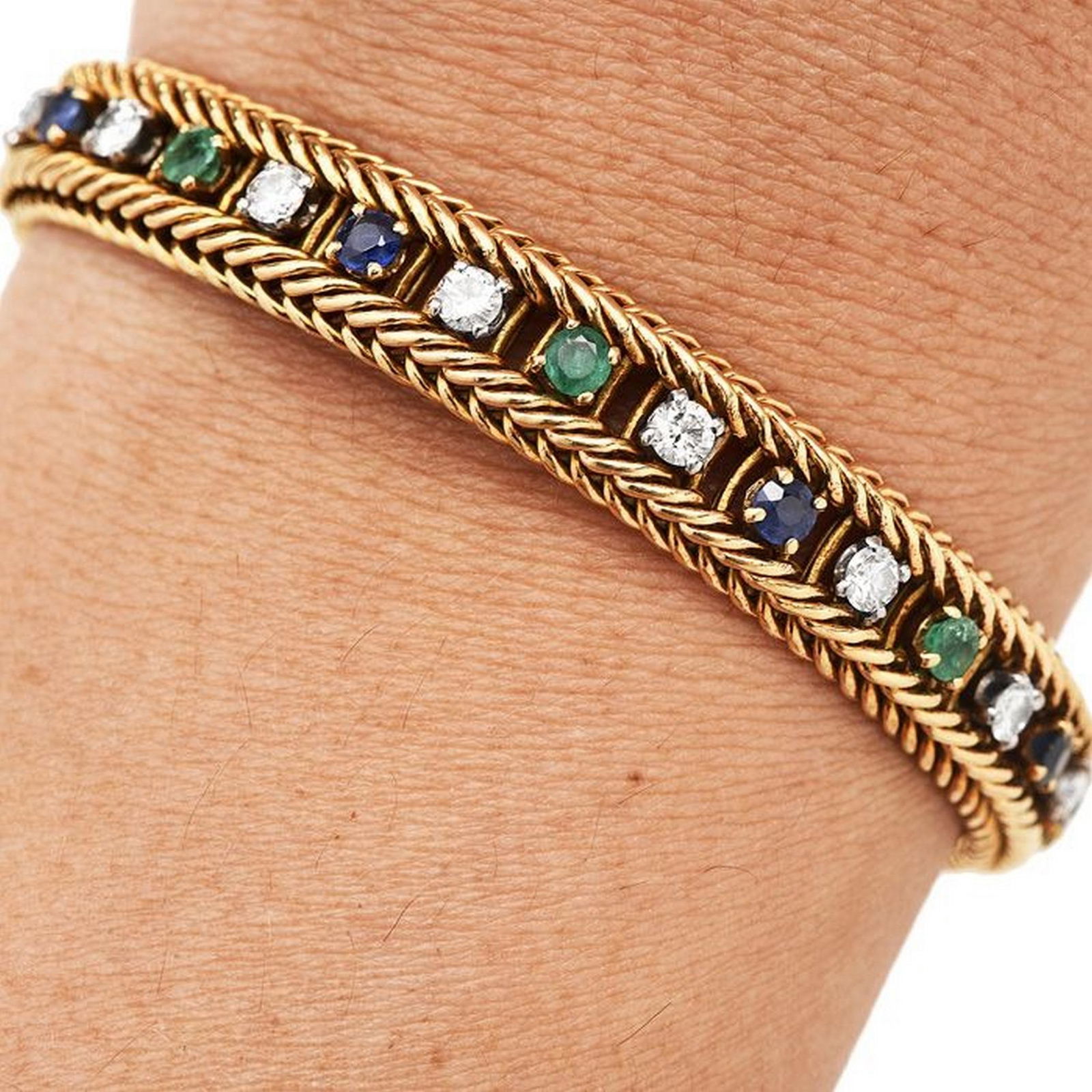 Vintage Retro Diamond Sapphire Emerald 18K Gold Chain Link Bracelet: This 1960's Vintage Link Bracelet is Carefully Crafted in solid heavy 18K Yellow Gold. Extremely well- made like to find in Cartier of VCA Unifying every Link there are (15) round-cut, prong-set diamo