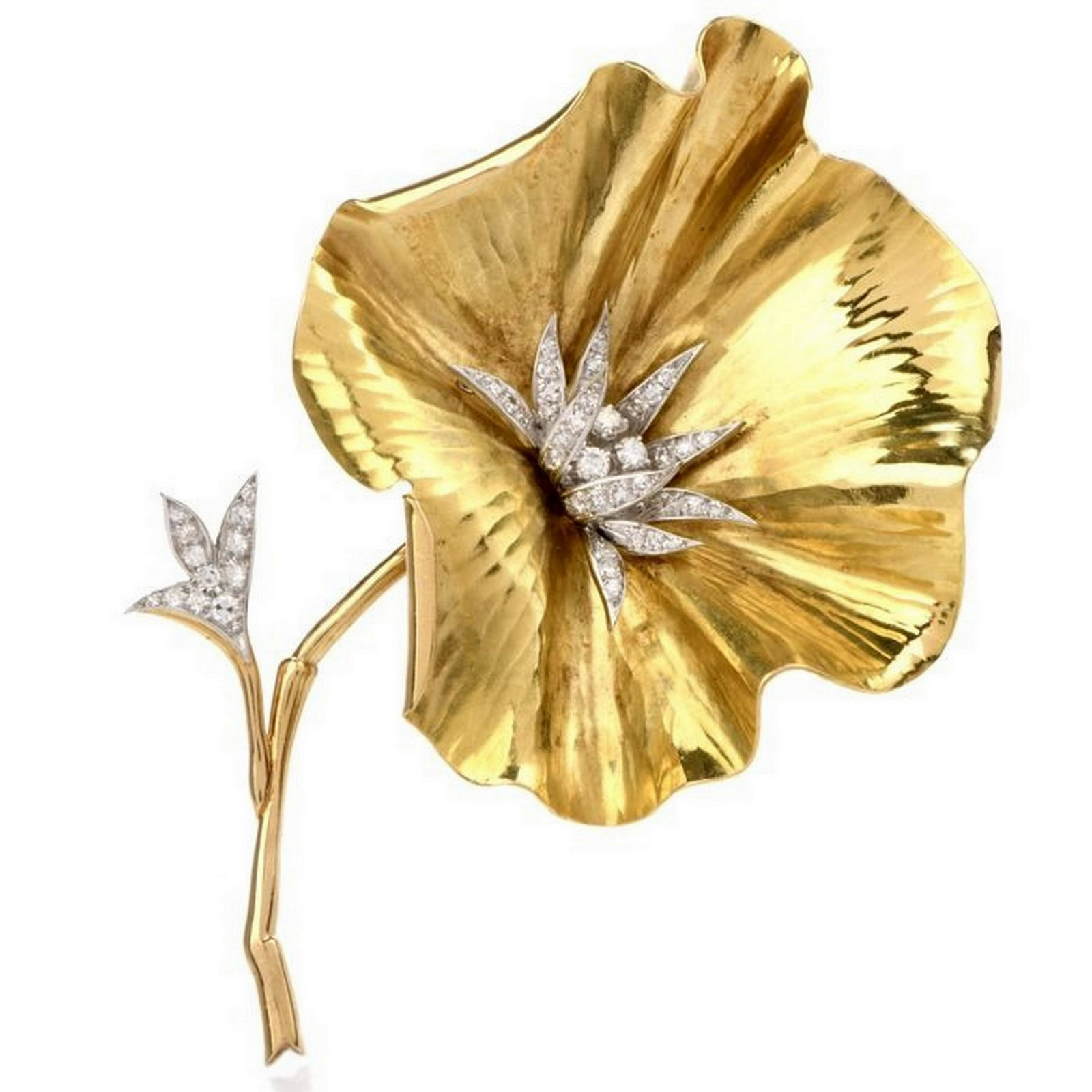 Vintage Diamond Flower Platinum 18K Yellow Gold French Brooch (1 of 3)
