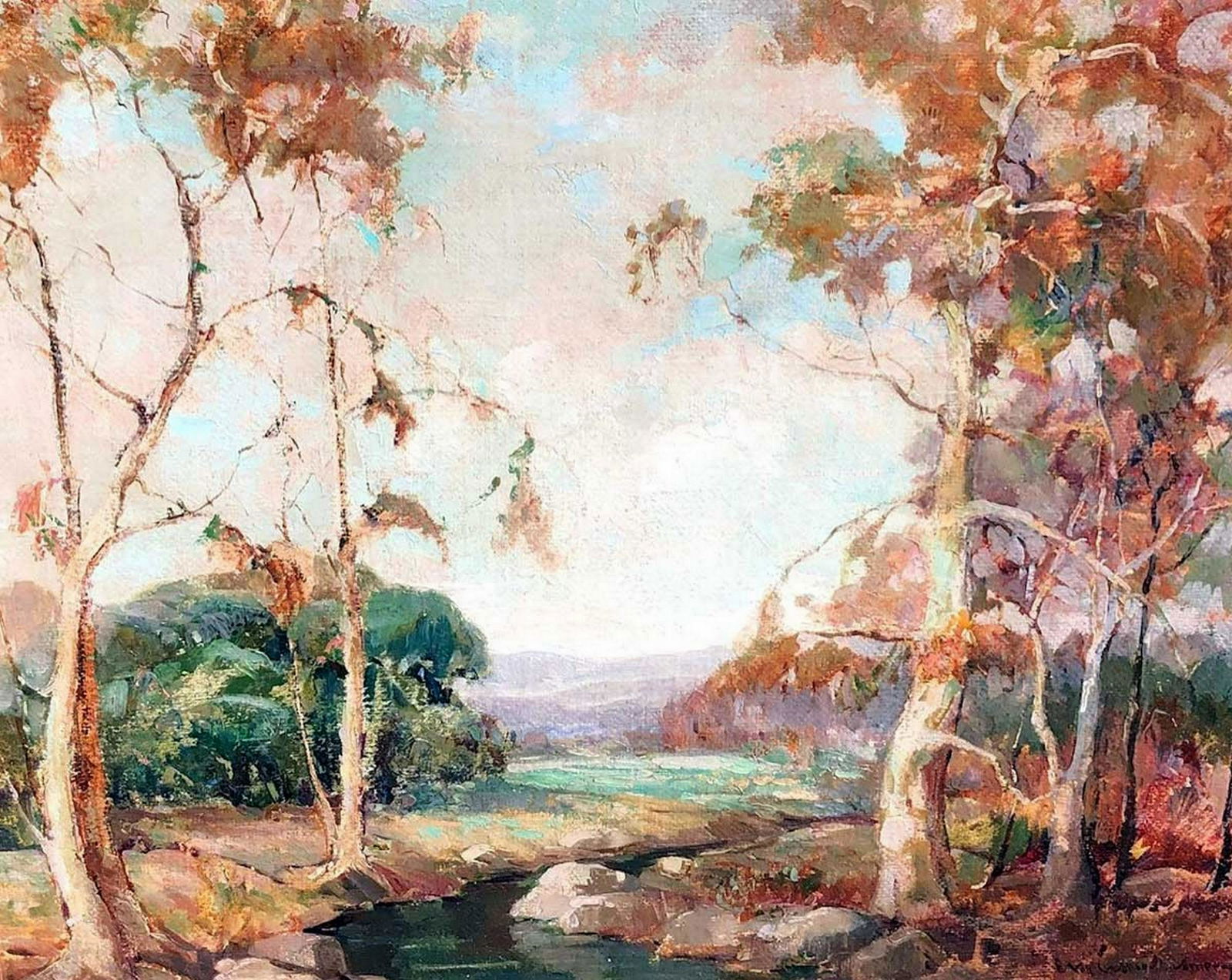 NELL WALKER WARNER. 1891-1970.: AmericanSize: 30.5 x 35. Medium: oil on canvasSigned: lower right. Scene: titled “Lazy Stream”
