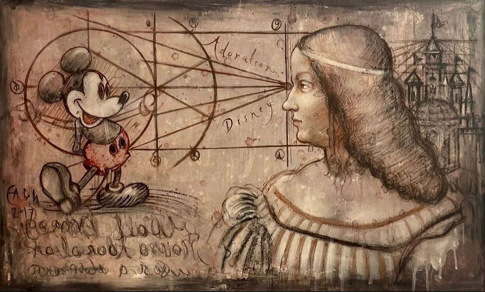 Eduardo Abela Torras "Adoration Disney": mixed media on canvas 50 x 83 cm 2017 with certificate excellent condition