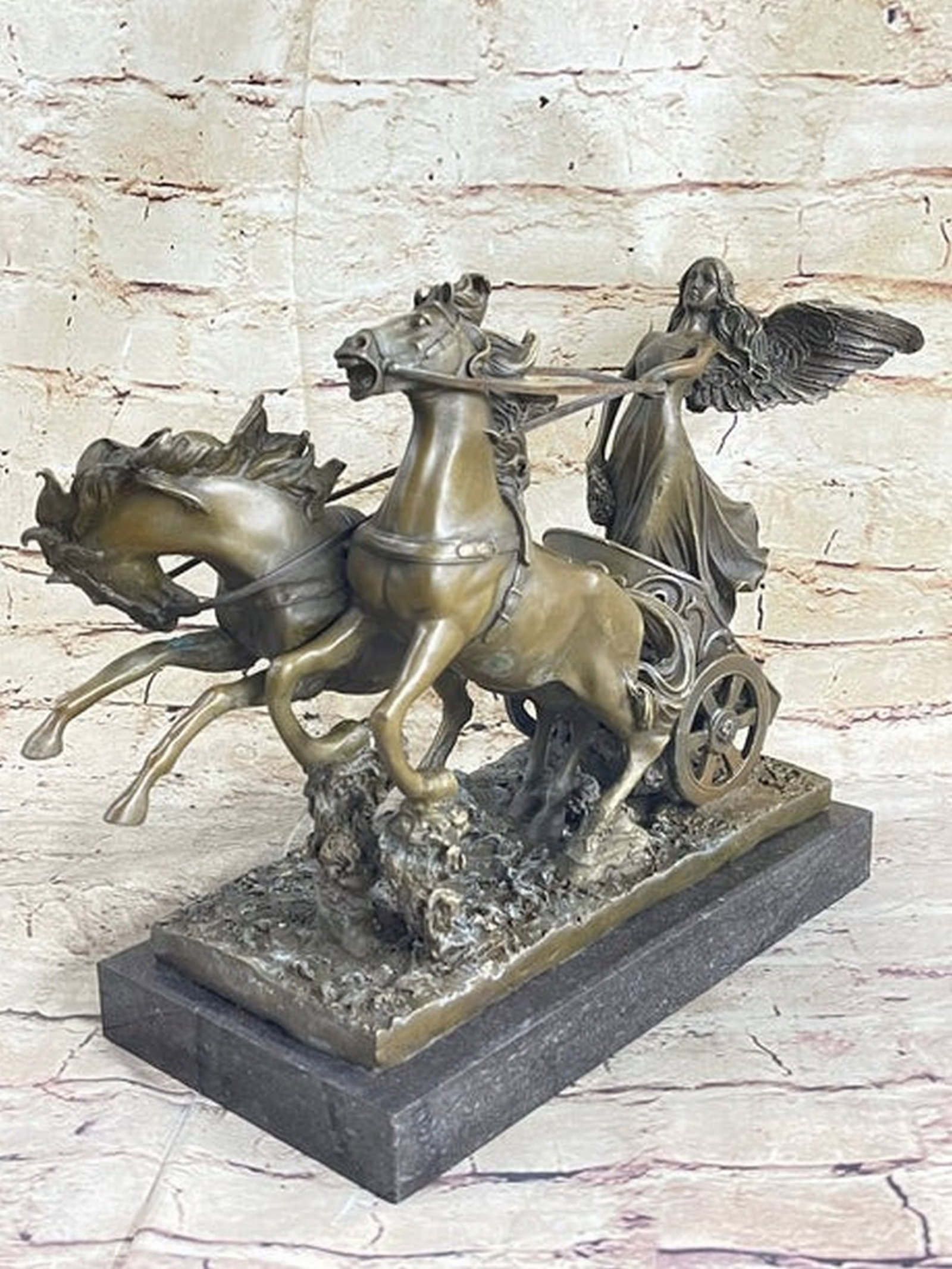 Nike Driving Chariot with Horses Bronze Sculpture Figurine: Total Dimensions: Height 10'' x Width 14''Approximate Weight: 22 LBSOriginal Reproduction: Original