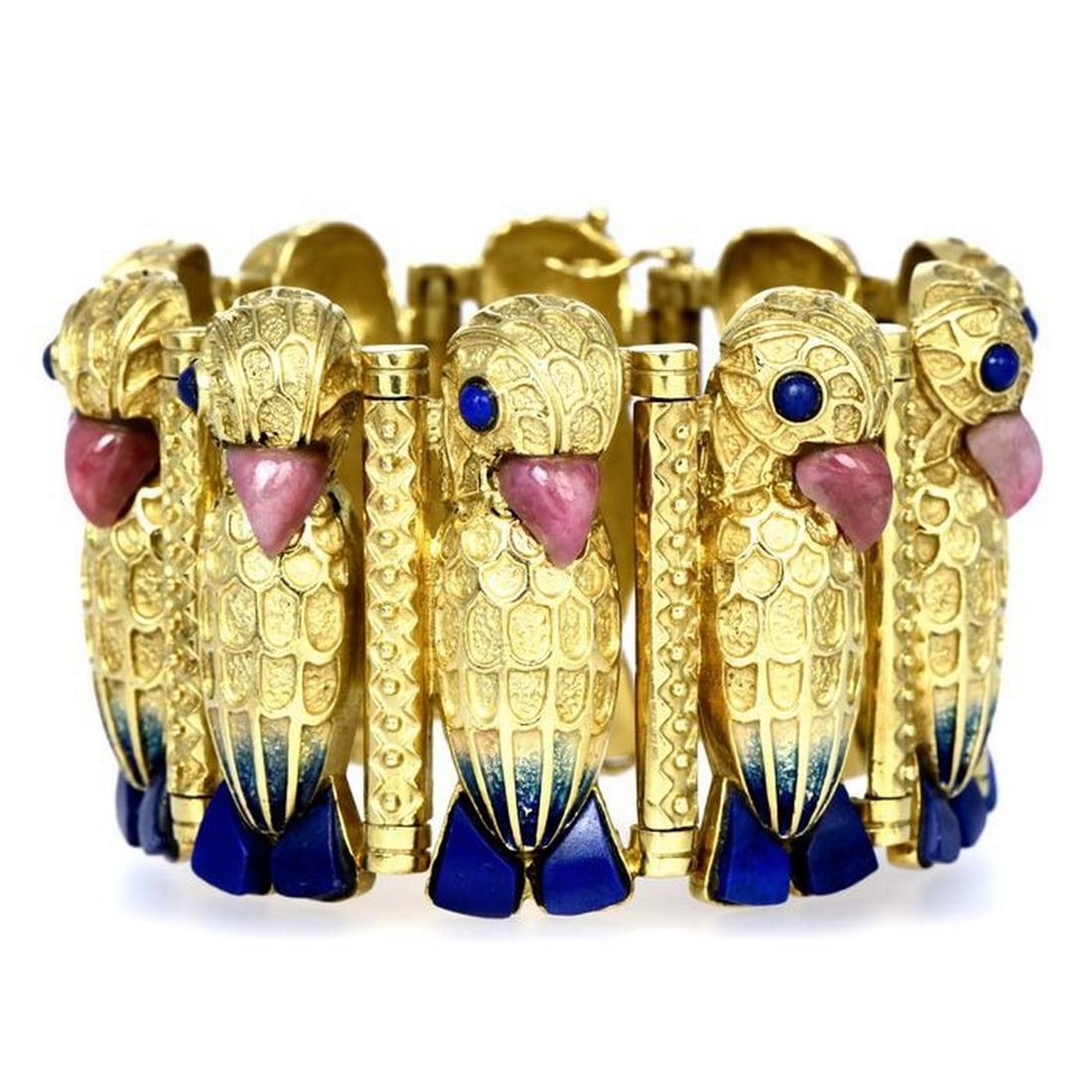 Vintage Retro Egyptian Lapis Lazuli Coral 18K Gold Enamel Wide Parrot Bracelet (1 of 4)