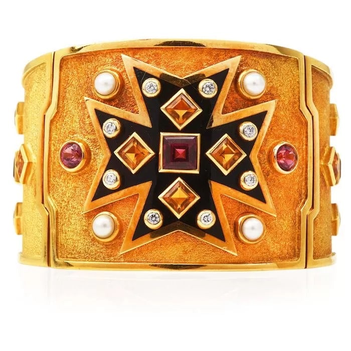 Verdura Vintage Maltese Cross 18K Gold Multi Gem Enamel Gold Bangle Bracelet: Originally designed for Coco Chanel, Verdura?s cuffs are as bold and stylish today as they were in the 1930s." (12) Vibrant Yellow Citrine & (5) Pink Tourmaline, Square & Round cut, Bezel set, weighin