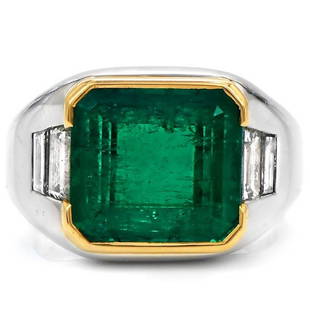 Bvlgari 4.59cts Emerald Diamond Platinum Estate Pinky Bulgari Cocktail Ring: Rare Bvlgari emerald ring, which can be the perfect pinky ring for a gentleman or the modern cocktail ring for a lady. This Exquisite Bvlgari Ring is crafted in luxurious Platinum, topped with an 18K