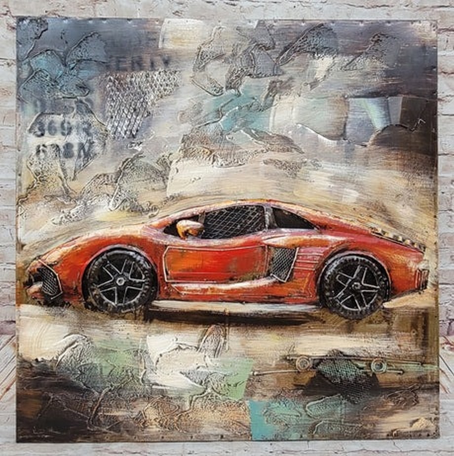 Luxury Sports Car Orange Lamborghini Ferrari Mixed Media 3D Wall Art Painting Metal Wood (1 of 3)