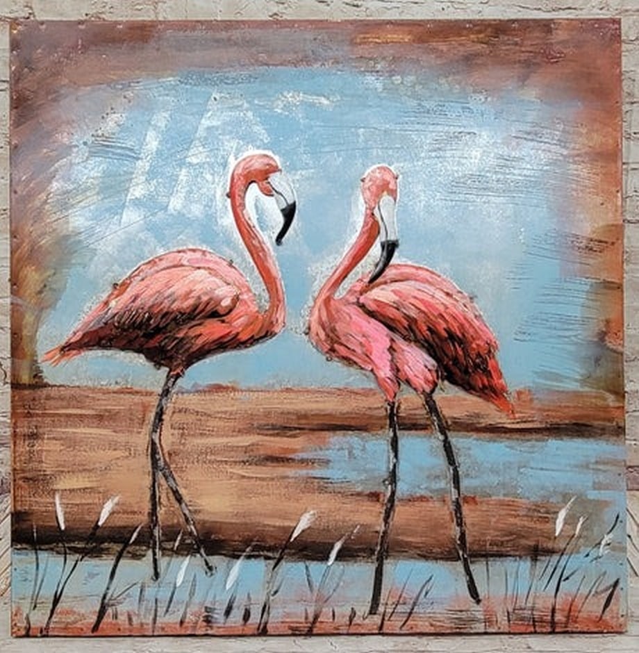 Pair of Flamingos Mixed Media 3D Wall Art Painting on Metal & Wood (1 of 3)